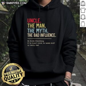 Vintage hoodie featuring 'Nice Uncle: The Man, The Myth, The Bad Influence' design, perfect for quirky streetwear style.