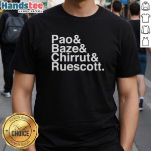 Premium Pao Baze Chirrut Ruescott T-Shirt featuring vibrant graphics and comfortable fit for fans of Star Wars merchandise.