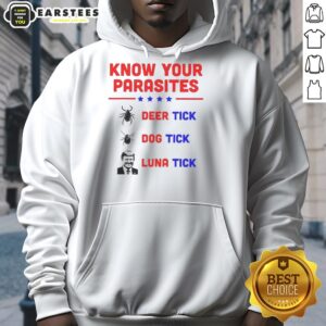 Cozy hoodie featuring 'Know Your Parasites' design with deer tick, dog tick, and luna tick illustrations.