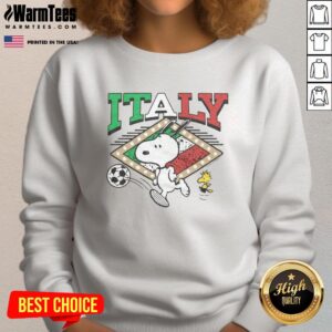 Alt Text: Cute Peanuts Snoopy X Italy soccer sweatshirt featuring vibrant colors and playful design for fans and collectors.