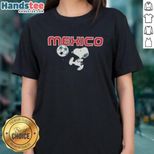 Alt Text: Cute Snoopy X Mexico football ladies tee featuring colorful graphics and a playful design for sports fans.