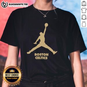 Alt Text: Ladies tee featuring a parody design of the Boston Celtics NBA Jordan Club, perfect for basketball fans.