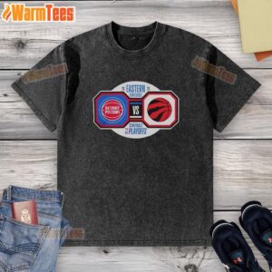 Detroit Pistons vs Toronto Raptors 2026 NBA Playoffs Eastern Conference Semifinals washed t-shirt featuring team logos.