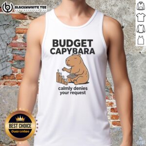 Budget capybara in a tank top calmly denying a request, showcasing a humorous and laid-back vibe in a playful setting.