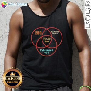 Venn diagram tank top featuring '1984,' 'Brave New World,' and 'Fahrenheit 451' in dystopian literature theme.