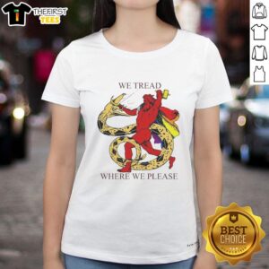 Official We Tread Where We Please Thor and Jormungandr ladies tee featuring bold graphic design and soft fabric.