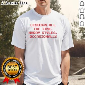 Alt Text: Official Lesbian All The Time Harry S Occasionally Red Text T-Shirt featuring bold typography and vibrant colors.