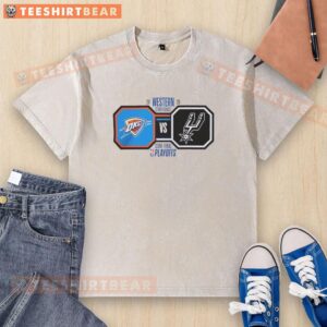 Oklahoma City Thunder vs San Antonio Spurs 2026 NBA Playoffs washed t-shirt featuring team logos and playoff graphics.