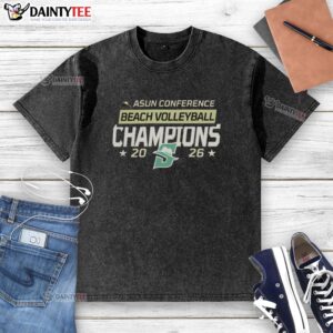Hot Stetson Hatters ASUN Beach Volleyball 2026 Conference Champions washed t-shirt displayed on a wooden surface.