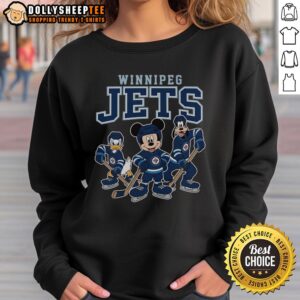 Alt Text: Stylish Winnipeg Jets Disney team ice hockey sweatshirt featuring vibrant colors and a comfortable design.