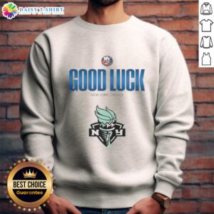 Original New York Islanders Good Luck New York Liberty sweatshirt in blue, featuring team logos and stylish design.