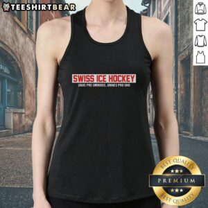 Top Swiss Ice Hockey Unus Pro Omnibus Omnes Pro Uno red text tank top displayed on a mannequin against a neutral background.