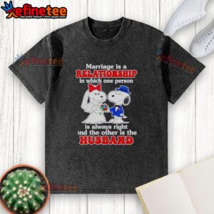 Funny marriage joke featuring Snoopy: 'In every couple, one is always right and the other is the husband' on a t-shirt.