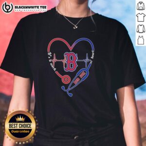 Boston Red Sox stethoscope heartbeat design on a women's tee, perfect for baseball fans and healthcare professionals.