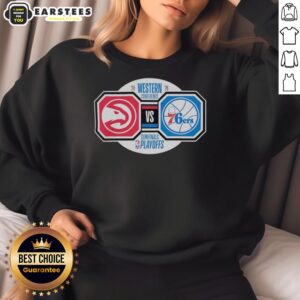 Awesome Atlanta Hawks vs Philadelphia 76ers 2026 NBA Playoffs sweatshirt featuring vibrant team logos and playoff graphics.