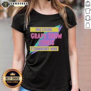 Awesome BBQ stains on a tee featuring grape snow cones and strawberry wine, perfect for summer gatherings.