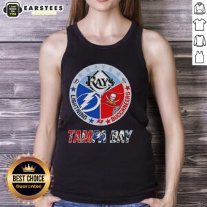 Hot Tampa Bay Rays, Lightning, and Buccaneers mashup logos on a stylish team tank top for sports fans.