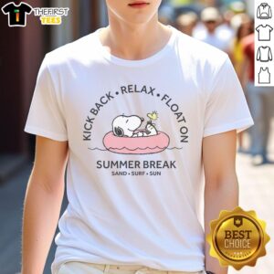 Alt Text: Cute Peanuts summer break T-shirt featuring Snoopy surfing in the sun, perfect for beach lovers.