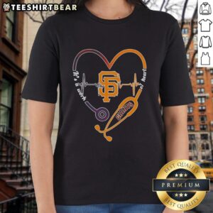 Premium San Francisco Giants stethoscope heartbeat design on a stylish ladies tee, perfect for fans and healthcare professionals.