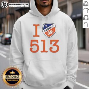 Alt Text: Top Ted Karras FC Cincinnati 513 Day Cincy logo hoodie featuring vibrant colors and stylish design for fans.