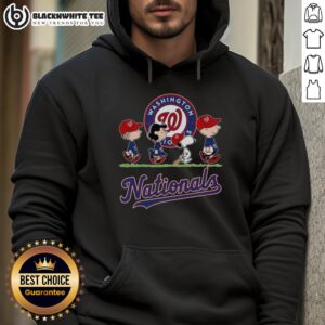 Cute Snoopy, Charlie Brown, Linus, and Lucy in Washington Nationals baseball jersey hoodies, showcasing team spirit.