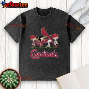 Good Snoopy, Charlie Brown, Linus, and Lucy in St. Louis Cardinals baseball jerseys on a washed t-shirt design.