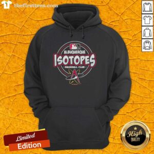 Alt Text: Albuquerque Isotopes baseball club logo with atom design on MLB hoodie, featuring a stitched circle pattern.