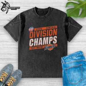 Vintage washed t-shirt celebrating the 2026 Nice Fort Wayne Komets ECHL Central Division Champions with bold graphics.