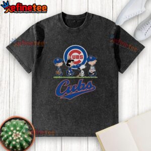 Snoopy, Charlie Brown, Linus, and Lucy in Chicago Cubs baseball jerseys on a washed t-shirt design.