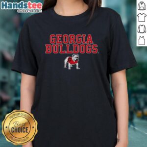 Alt Text: Official Georgia Bulldogs NCAA text logo stack mascot on ladies tee, perfect for female fans of college football.