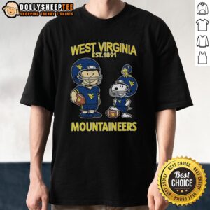 Nice Charlie Brown and Snoopy X West Virginia Mountaineers NCAA Football T-shirt, established 1891, featuring vibrant graphics.