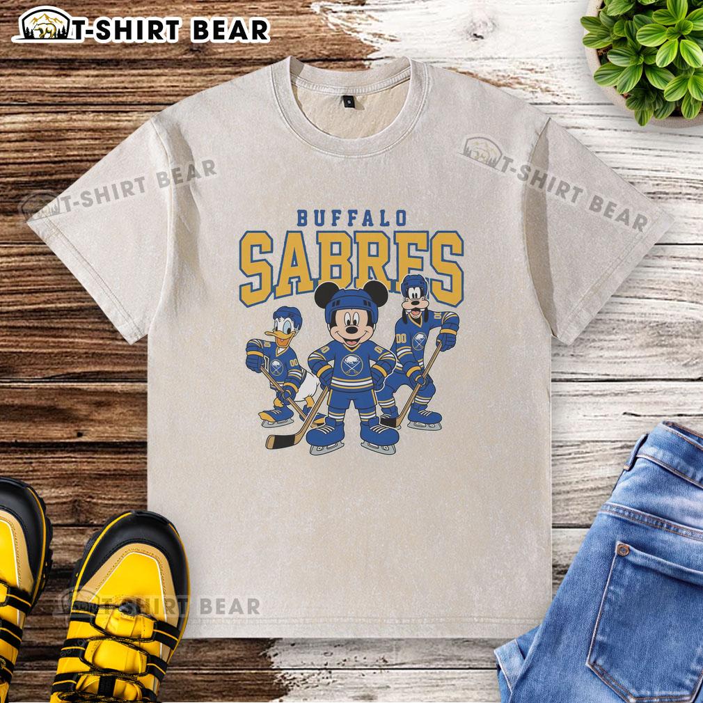 Nice Buffalo Sabres Disney Team Ice Hockey Washed T Shirt Alt Text: Buffalo Sabres Disney team ice hockey washed t-shirt featuring team logo and vibrant colors for fans.