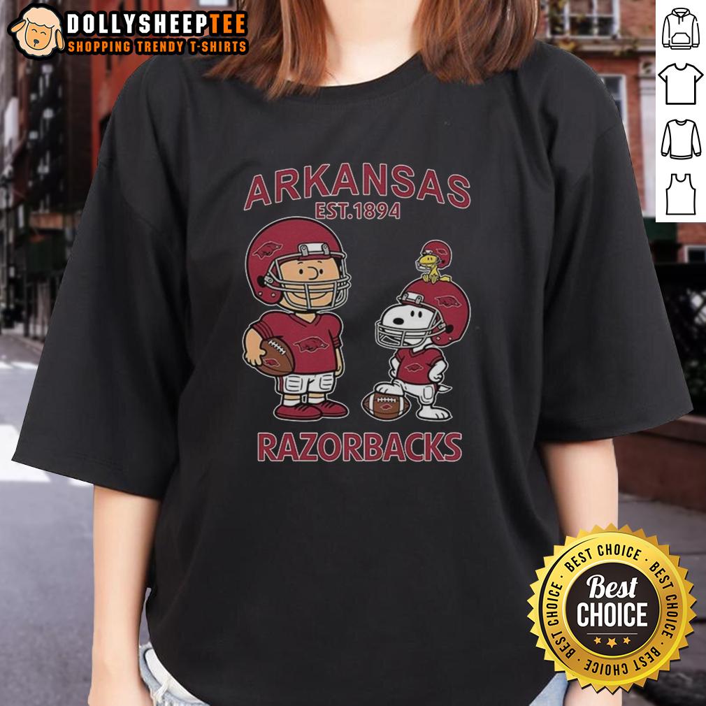 Nice Charlie Brown And Snoopy X Arkansas Razorbacks Ncaa Football Est 1894 Ladies-Tee Ladies tee featuring Charlie Brown and Snoopy with Arkansas Razorbacks logo, celebrating NCAA Football since 1894.