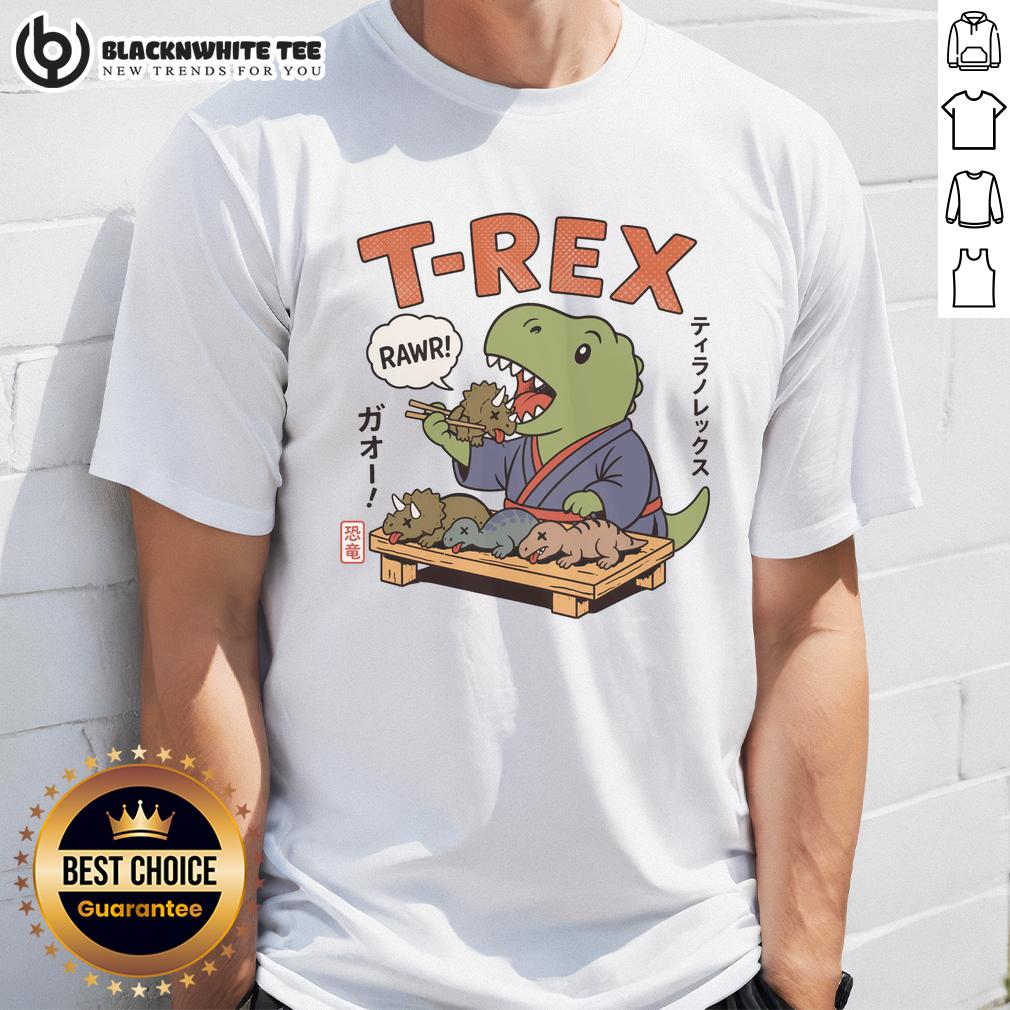 Nice Cute T Rex Breakfast Japan T Shirt Cute T-Rex breakfast design on a Japan-themed T-shirt, perfect for dinosaur lovers and casual wear enthusiasts.