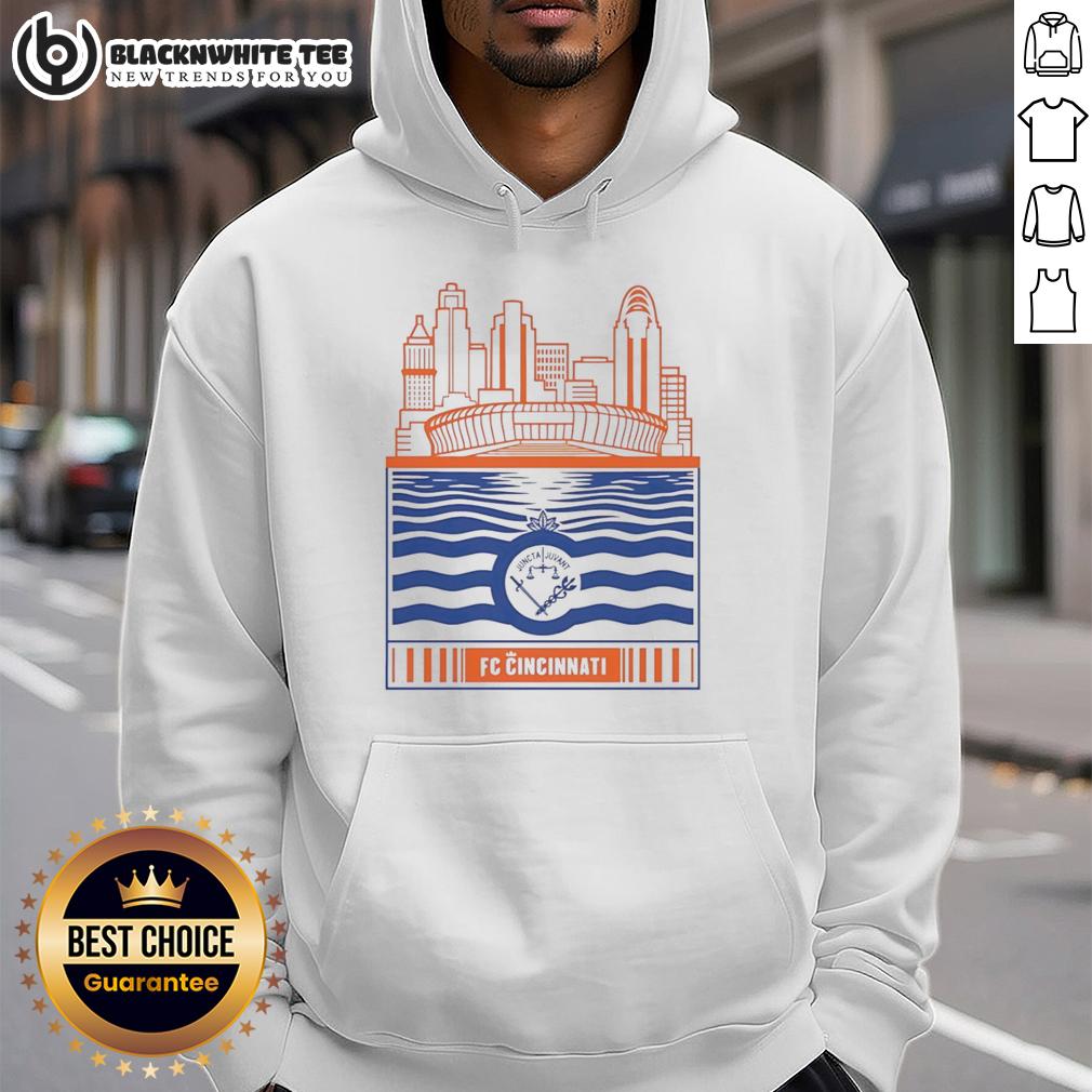 Nice Fc Cincinnati City Skyline Stadium With River And Logo Retro Hoodie Nice FC Cincinnati city skyline stadium with river view, featuring retro hoodie design and team logo.