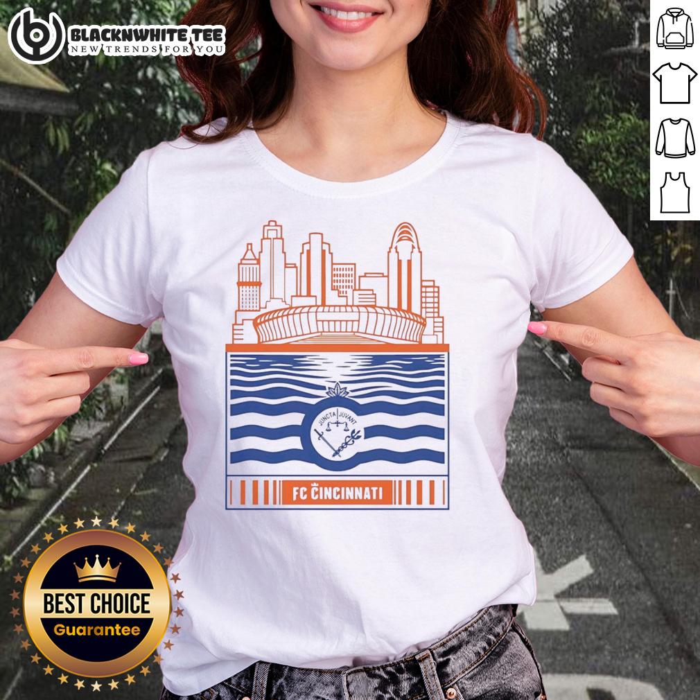Nice Fc Cincinnati City Skyline Stadium With River And Logo Retro Ladies Tee Nice FC Cincinnati city skyline stadium with river, featuring retro logo on a ladies tee.