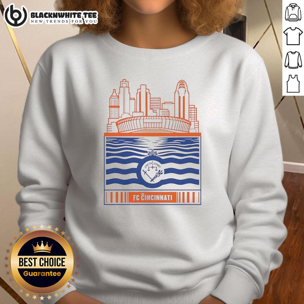 Nice Fc Cincinnati City Skyline Stadium With River And Logo Retro Sweatshirt Retro sweatshirt featuring FC Cincinnati logo with city skyline and river view of the stadium.