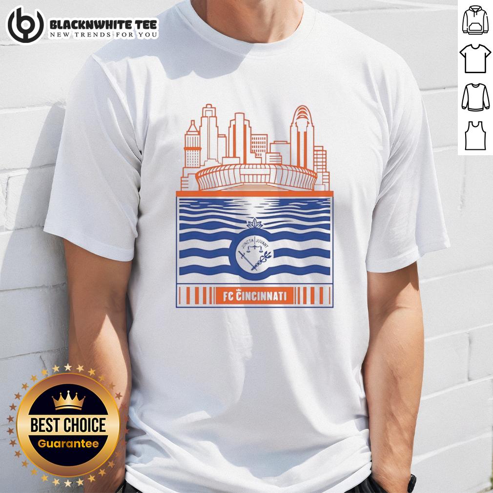 Nice Fc Cincinnati City Skyline Stadium With River And Logo Retro T Shirt Retro T-Shirt featuring FC Cincinnati skyline stadium, river view, and logo design, perfect for soccer fans.