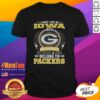 Green Bay Packers NFL t-shirt with 'I May Live In Iowa On Sundays My Heart And Soul Belong To Packers' text design.
