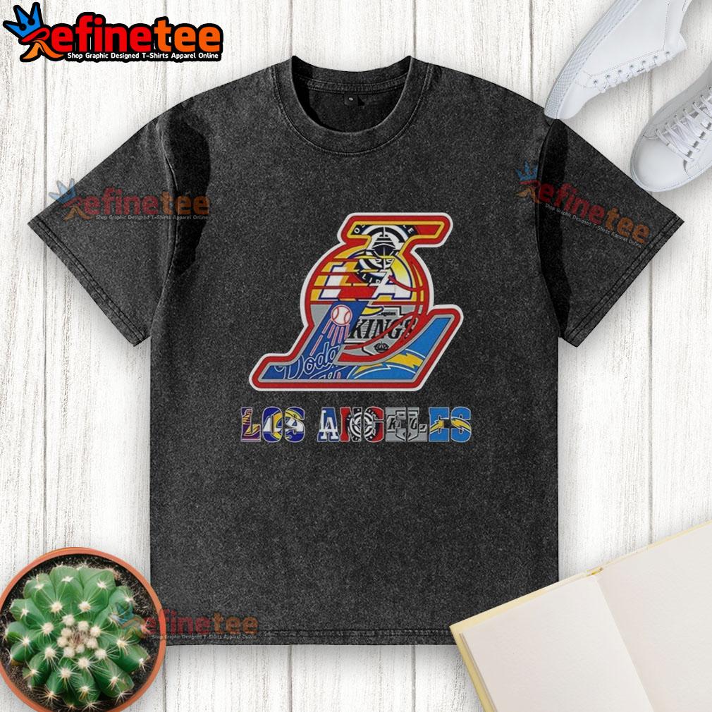 nice-los-angeles-lakers-nba-and-los-angeles-sport-teams-collage-logo-washed-t-shirt Collage of Los Angeles Lakers NBA logos on a washed t-shirt, celebrating LA sports teams in a stylish design.