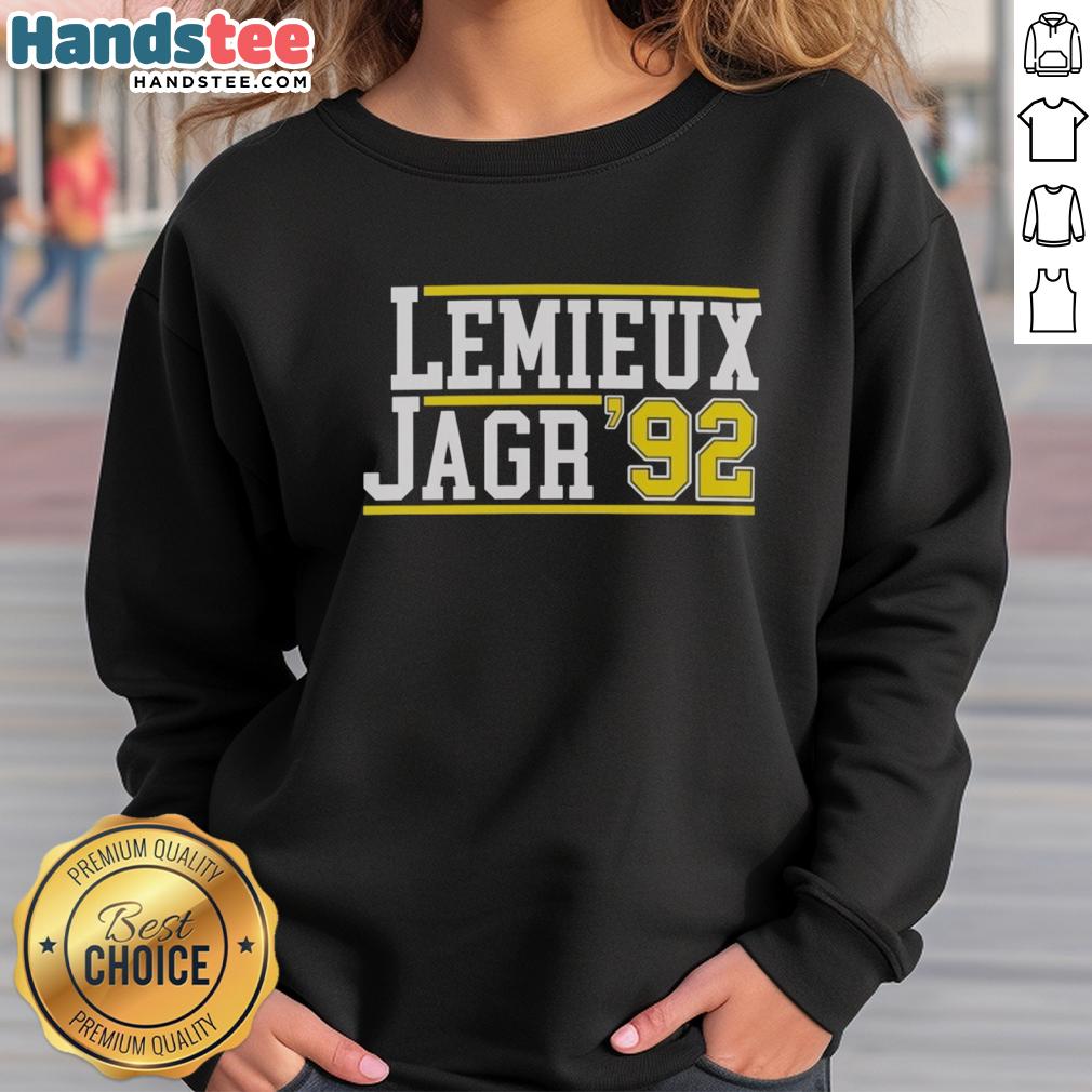 nice-mario-lemieux-and-jaromir-jagr-92-sweatshirt Nice Mario Lemieux and Jaromir Jagr 92 sweatshirt featuring iconic Pittsburgh Penguins design for hockey fans.