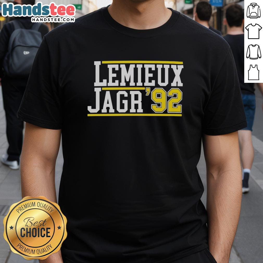 nice-mario-lemieux-and-jaromir-jagr-92-t-shirt-1 Nice Mario Lemieux and Jaromir Jagr '92 T-Shirt featuring iconic players from the Pittsburgh Penguins.