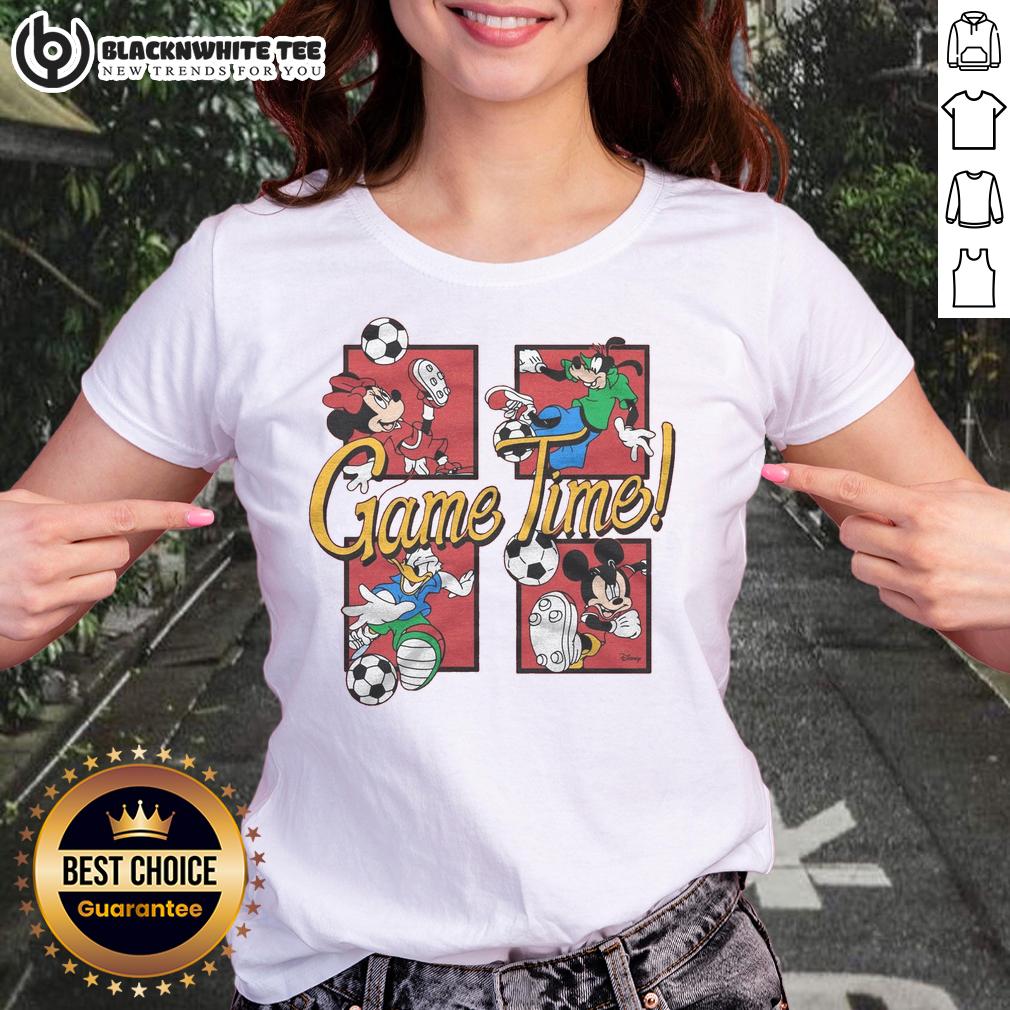 Nice Mickey And Friends Game Time Ladies Tee Alt Text: Nice Mickey and Friends Game Time Ladies Tee featuring vibrant graphics of beloved Disney characters.