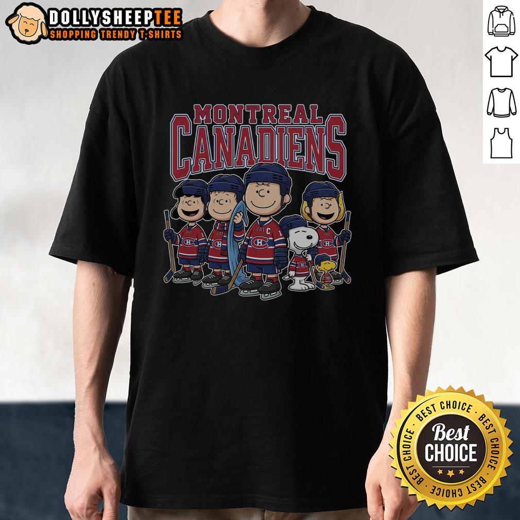 Nice Montreal Canadiens Peanuts Cartoon Team Ice Hockey T Shirt Alt Text: Montreal Canadiens Peanuts cartoon ice hockey T-shirt featuring iconic characters supporting the team.