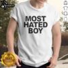 Alt Text: Stylish 'Nice Most Hated Boy' letter T-shirt displayed on a hanger, perfect for casual streetwear fashion.