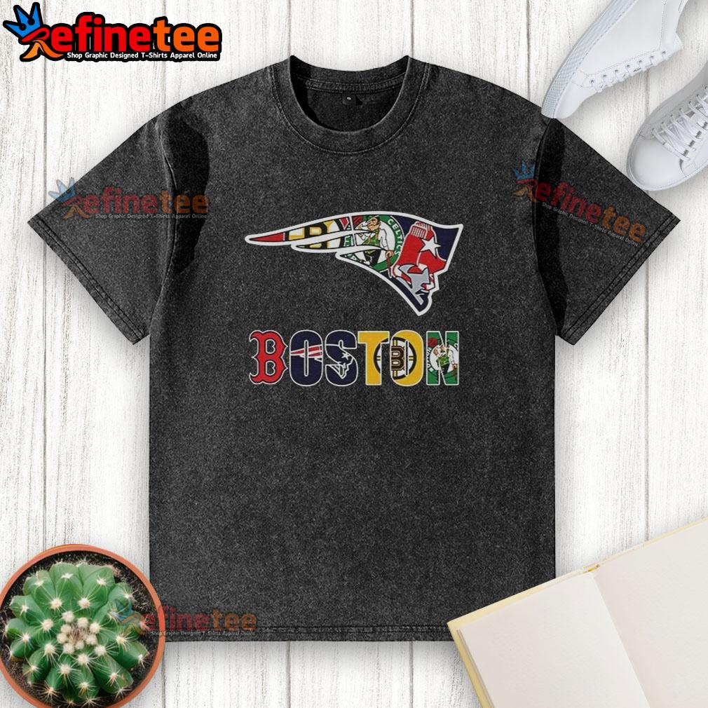 nice-new-england-patriots-nfl-and-boston-sport-teams-collage-logo-washed-t-shirt Collage of New England Patriots NFL logo and Boston sports teams on a washed t-shirt, perfect for fans and casual wear.
