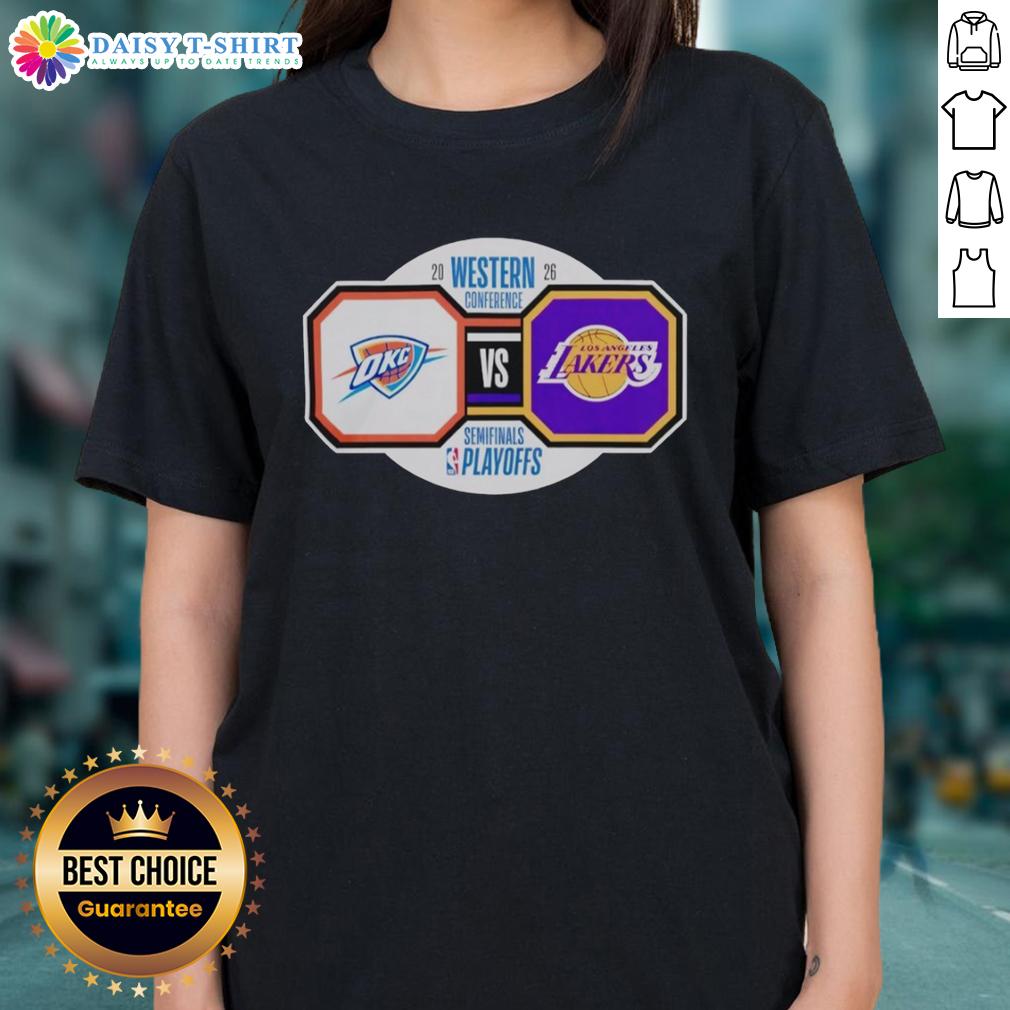 Nice Oklahoma City Thunder Vs Los Angeles Lakers 2026 Nba Playoffs Western Conference Semifinals Ladies-Tee 2026 NBA Playoffs: Oklahoma City Thunder vs. Los Angeles Lakers ladies tee featuring team logos and vibrant colors.