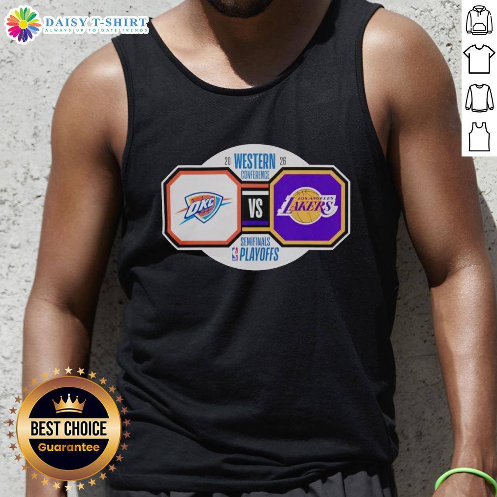 Nice Oklahoma City Thunder Vs Los Angeles Lakers 2026 Nba Playoffs Western Conference Semifinals Tank Top Fan wearing a tank top featuring Oklahoma City Thunder vs. Los Angeles Lakers for 2026 NBA Playoffs Western Conference Semifinals.