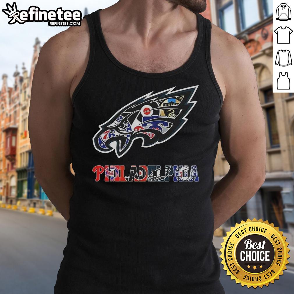 nice-philadelphia-eagles-nfl-and-philadelphia-sport-teams-collage-logo-tank-top Stylish Philadelphia Eagles NFL tank top featuring a collage of Philadelphia sports team logos.