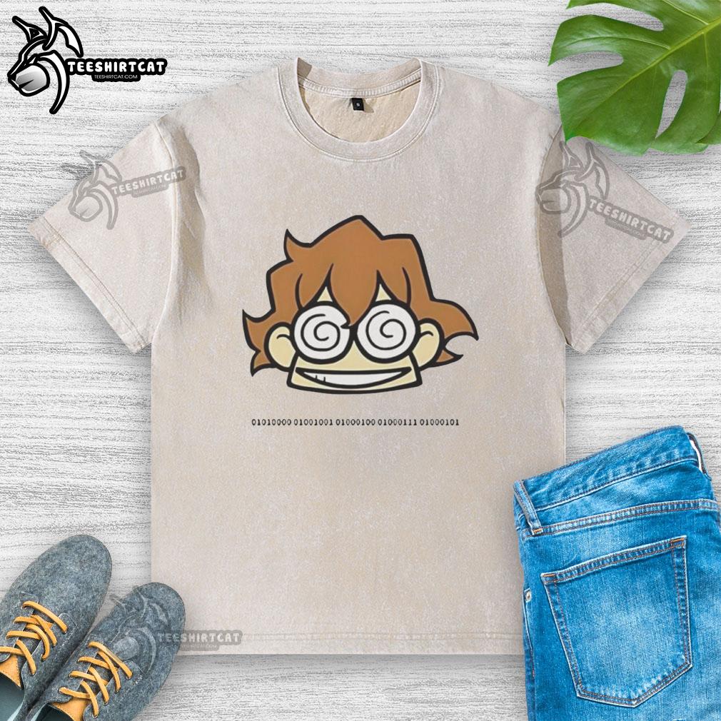 nice-pidge-dreamworks-voltron-hypnotized-cartoon-washed-t-shirt Alt Text: Cartoon-style Nice Pidge from Dreamworks Voltron, hypnotized design on a washed T-shirt for fans and collectors.